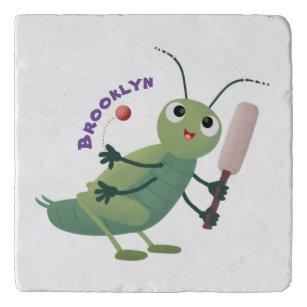 Cute green cricket insect cartoon illustration trivet