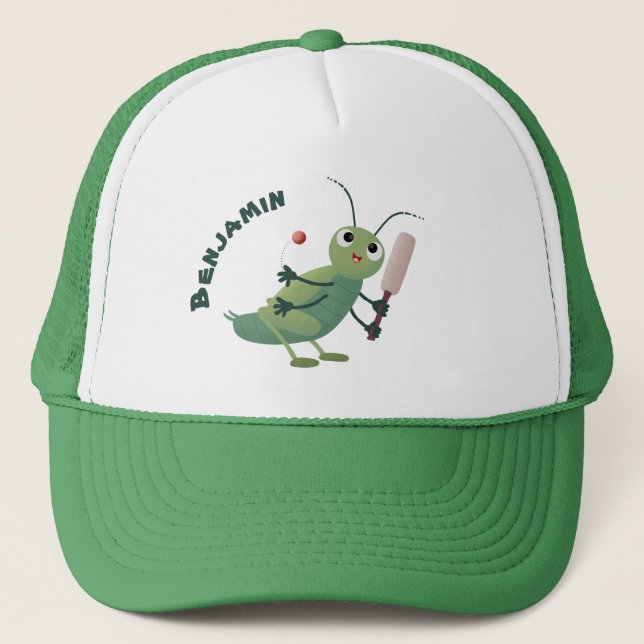 Cute green cricket insect cartoon illustration trucker hat (Front)