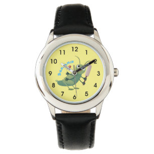 Cute green cricket insect cartoon illustration watch