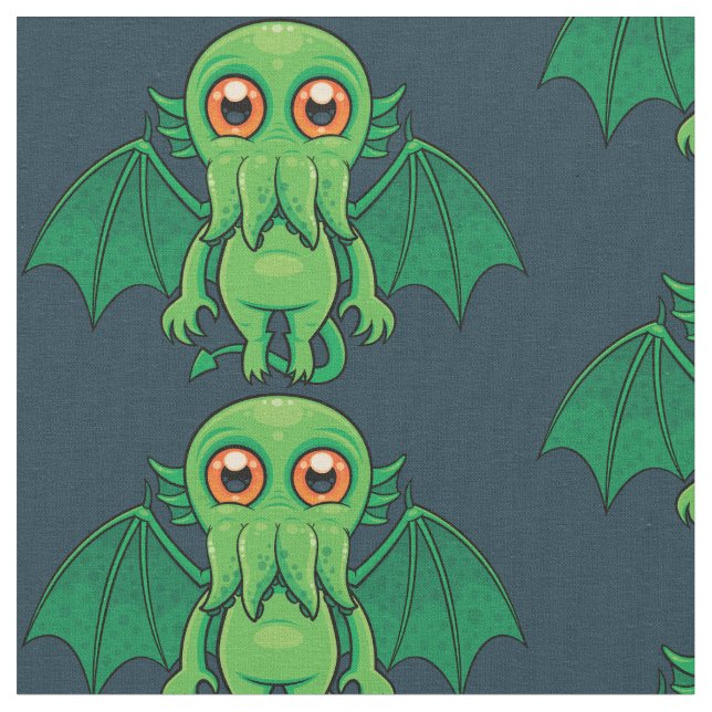 Cute Green Cthulhu Monster Fabric (Close Up)