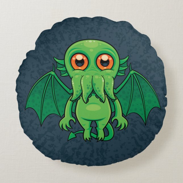 Cute Green Cthulhu Monster Round Cushion (Front)