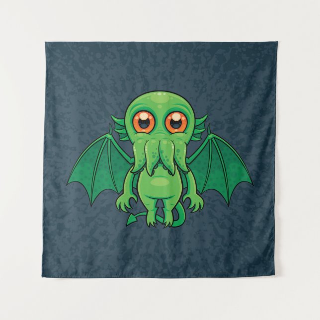 Cute Green Cthulhu Monster Tapestry (Front)