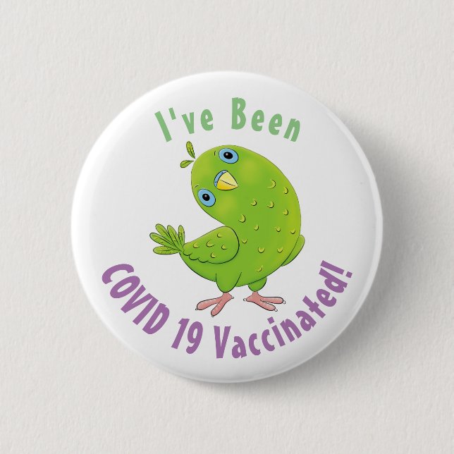 Cute green curious parakeet cartoon illustration 6 cm round badge (Front)