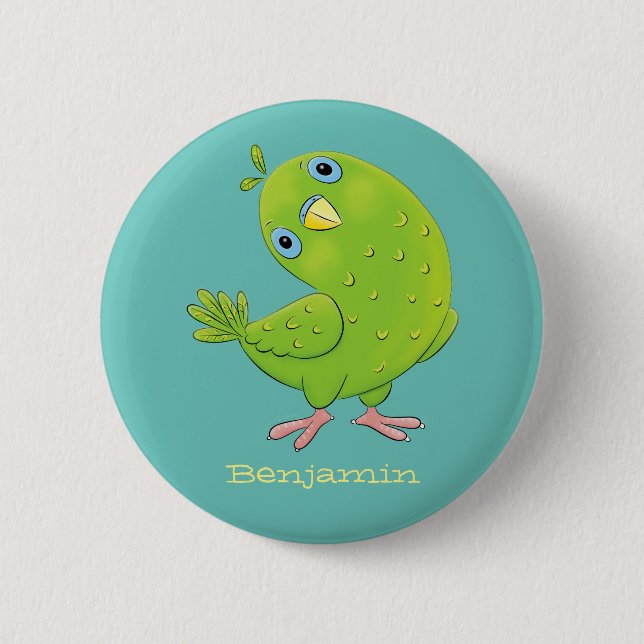 Cute green curious parakeet cartoon illustration 6 cm round badge (Front)