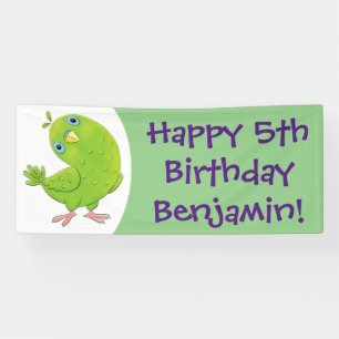 Cute green curious parakeet cartoon illustration banner