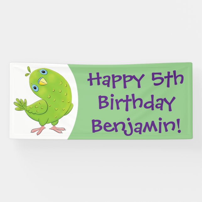 Cute green curious parakeet cartoon illustration banner (Horizontal)