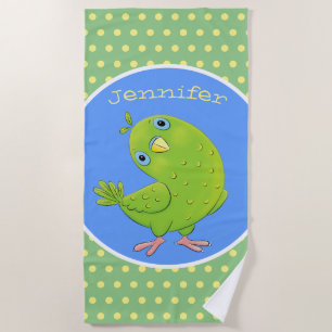Cute green curious parakeet cartoon illustration beach towel