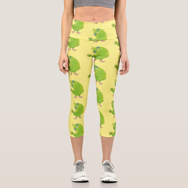 Cute green curious parakeet cartoon illustration capri leggings (Front)