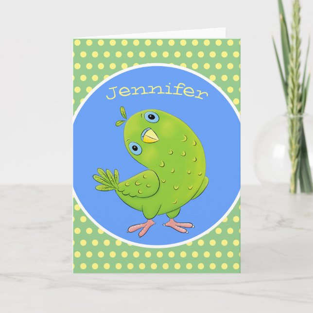 Cute green curious parakeet cartoon illustration card (Front)