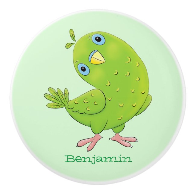 Cute green curious parakeet cartoon illustration ceramic knob (Front)