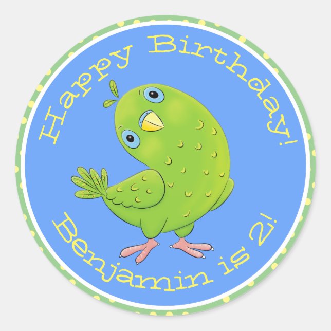 Cute green curious parakeet cartoon illustration classic round sticker (Front)