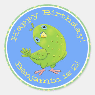 Cute green curious parakeet cartoon illustration classic round sticker