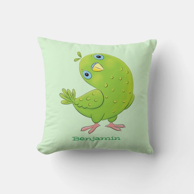 Cute green curious parakeet cartoon illustration cushion (Front)