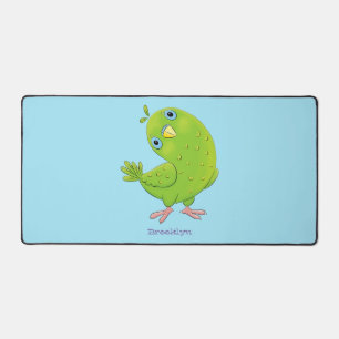 Cute green curious parakeet cartoon illustration desk mat