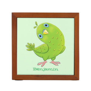Cute green curious parakeet cartoon illustration  desk organiser