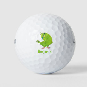Cute green curious parakeet cartoon illustration golf balls