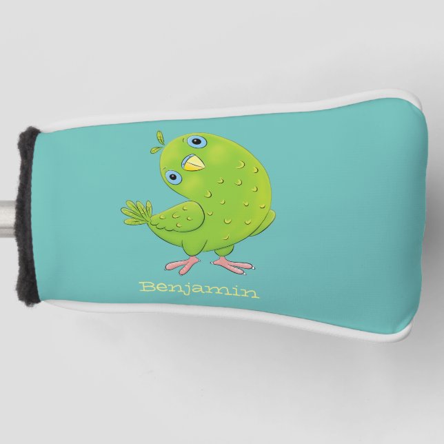 Cute green curious parakeet cartoon illustration golf head cover (Front)