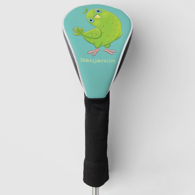 Cute green curious parakeet cartoon illustration golf head cover (Front)