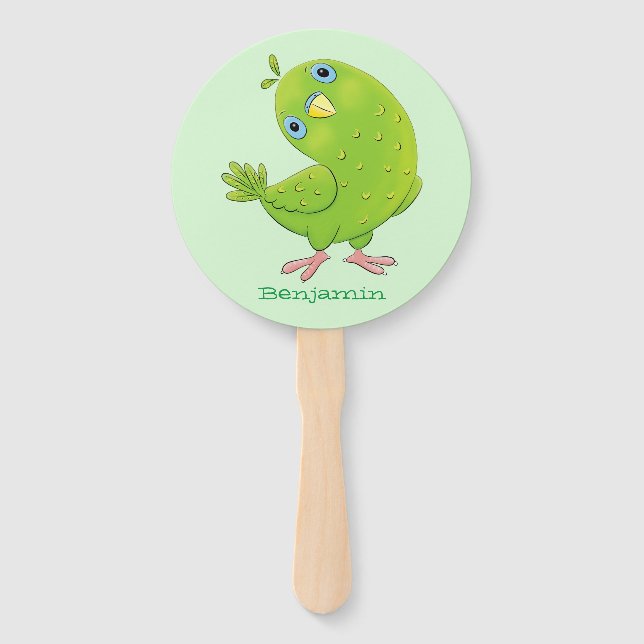 Cute green curious parakeet cartoon illustration hand fan (Front)