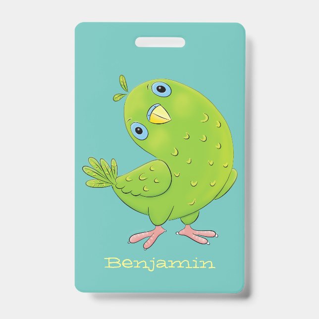 Cute green curious parakeet cartoon illustration ID badge (Front)
