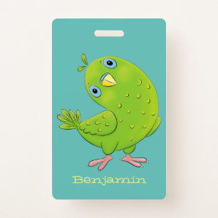 Cute green curious parakeet cartoon illustration ID badge
