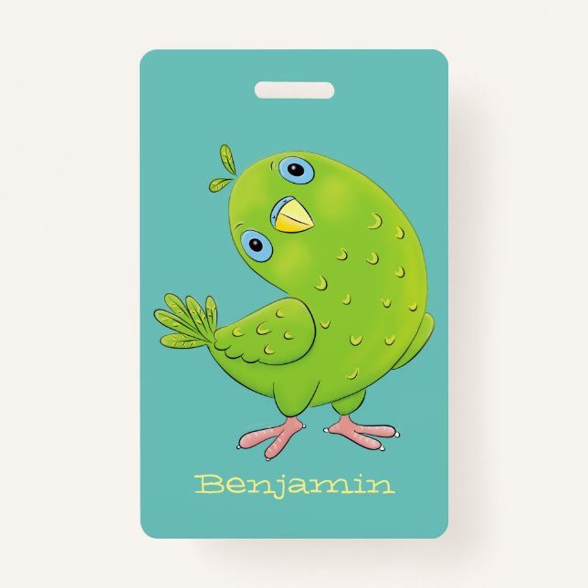 Cute green curious parakeet cartoon illustration ID badge (Front)