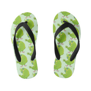 Cute green curious parakeet cartoon illustration kid's flip flops