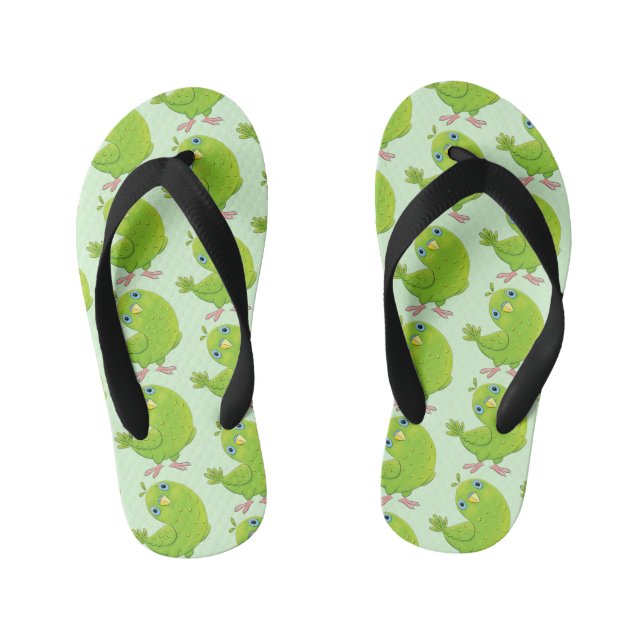 Cute green curious parakeet cartoon illustration kid's flip flops (Footbed)
