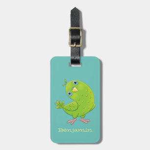 Cute green curious parakeet cartoon illustration luggage tag