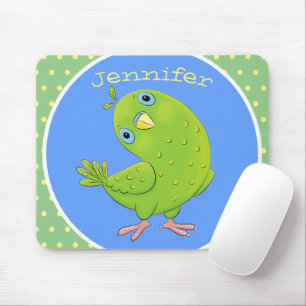 Cute green curious parakeet cartoon illustration mouse mat