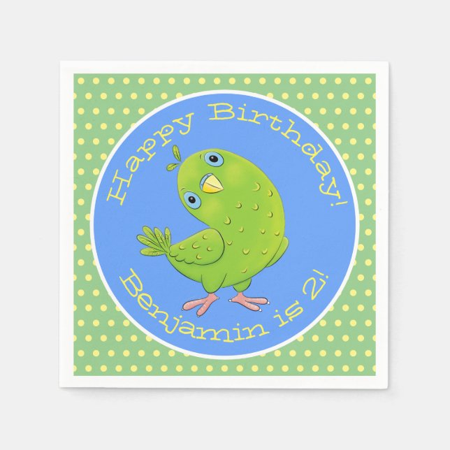 Cute green curious parakeet cartoon illustration n napkin (Front)