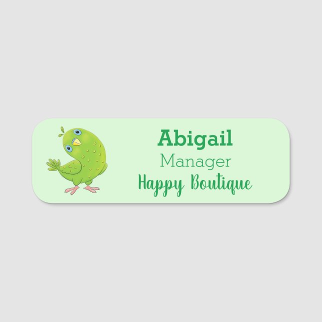 Cute green curious parakeet cartoon illustration name tag (Front)