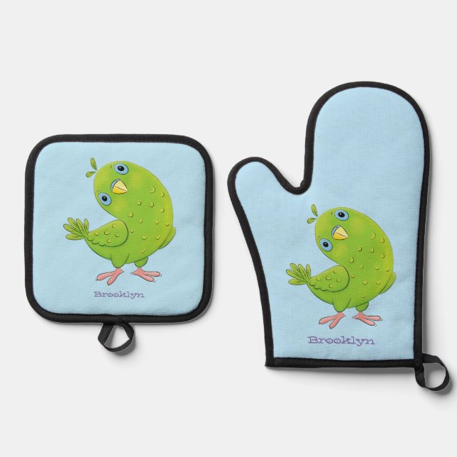 Cute green curious parakeet cartoon illustration oven mitt & pot holder set (Front)