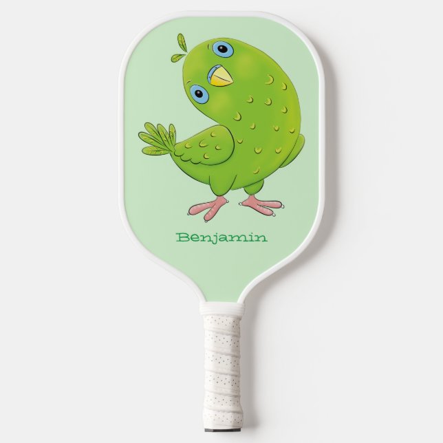 Cute green curious parakeet cartoon illustration  pickleball paddle (Front)