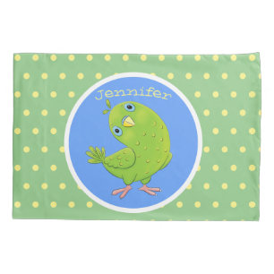 Cute green curious parakeet cartoon illustration pillowcase