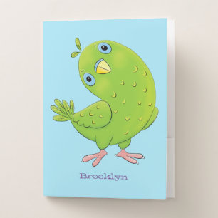 Cute green curious parakeet cartoon illustration pocket folder