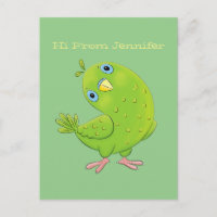 Cute green curious parakeet cartoon illustration