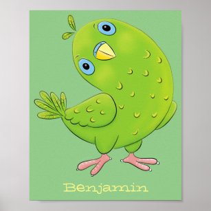 Cute green curious parakeet cartoon illustration poster