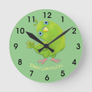 Cute green curious parakeet cartoon illustration round clock