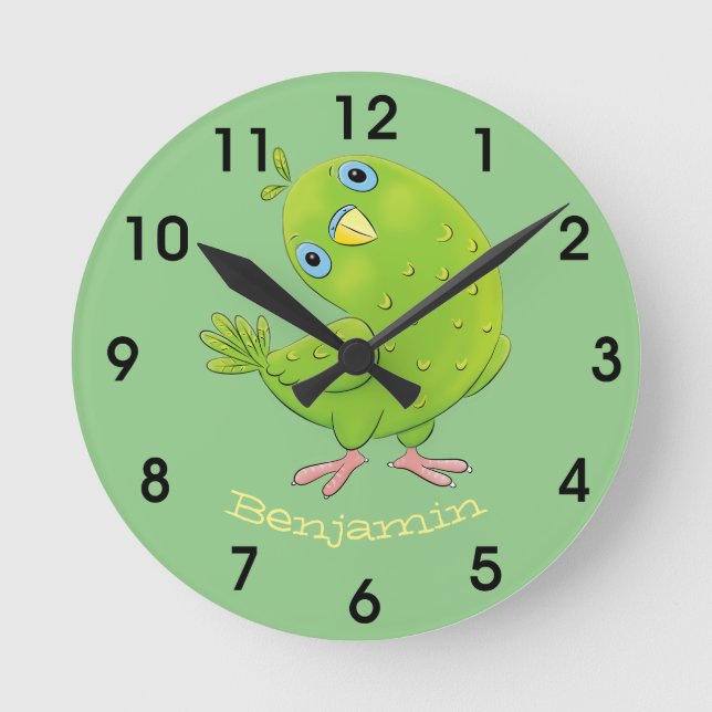 Cute green curious parakeet cartoon illustration round clock (Front)