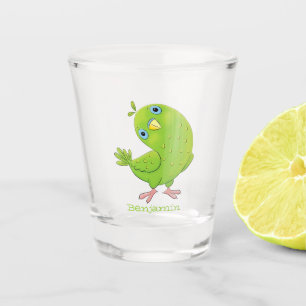 Cute green curious parakeet cartoon illustration  shot glass
