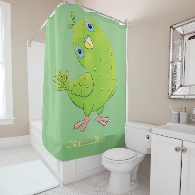 Cute green curious parakeet cartoon illustration shower curtain (In Situ)