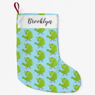 Cute green curious parakeet cartoon illustration small christmas stocking