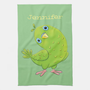 Cute green curious parakeet cartoon illustration tea towel