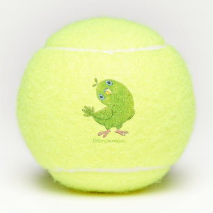 Cute green curious parakeet cartoon illustration tennis balls