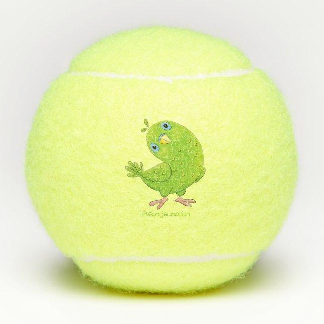 Cute green curious parakeet cartoon illustration tennis balls (Front)