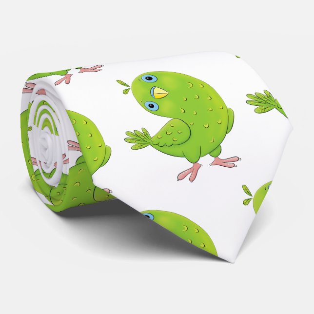Cute green curious parakeet cartoon illustration tie (Rolled)
