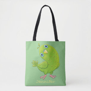 Cute green curious parakeet cartoon illustration tote bag