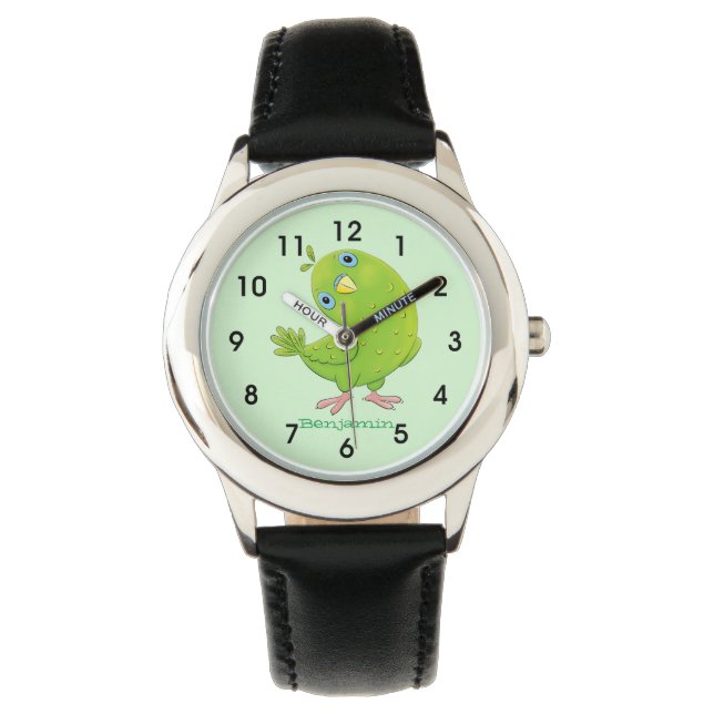 Cute green curious parakeet cartoon illustration watch (Front)