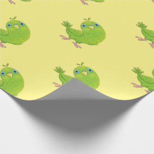Cute green curious parakeet cartoon illustration wrapping paper